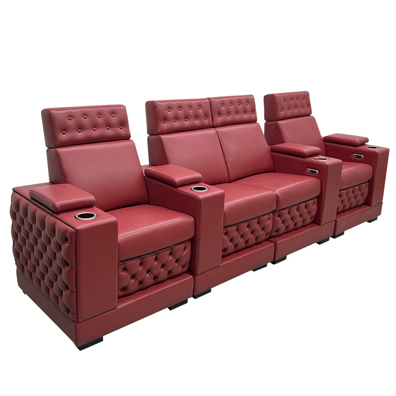 Contact surface cowhide four-seat and 2 middle console video room private cinema sofa luxury, all-electric stretching function，Specially raised base design
