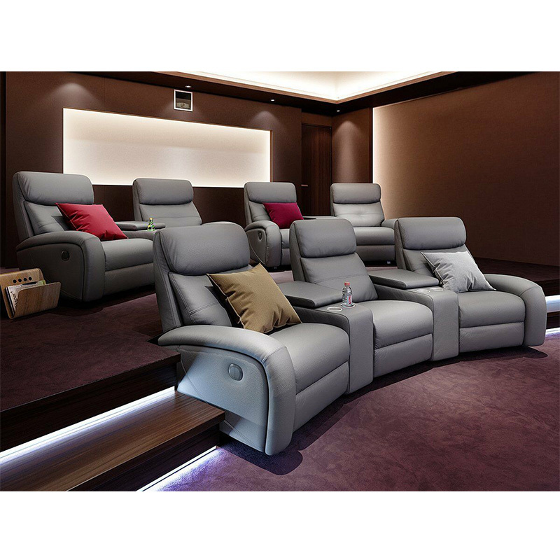 Contact surface cowhide three-seat and 2 middle console arc design video room private cinema sofa luxury, all-electric stretching function