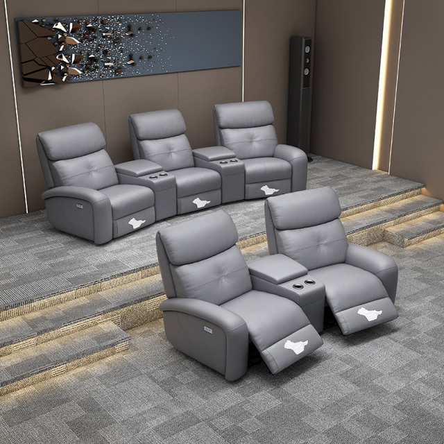 Contact surface cowhide two-seat and middle console arc design video room private cinema sofa luxury, all-electric stretching function