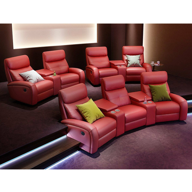 Contact surface cowhide three-seat and 2 middle console arc design video room private cinema sofa luxury, all-electric stretching function