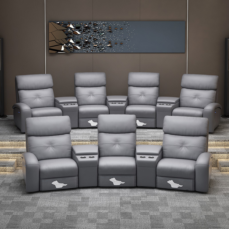 Contact surface cowhide three-seat and 2 middle console arc design video room private cinema sofa luxury, all-electric stretching function
