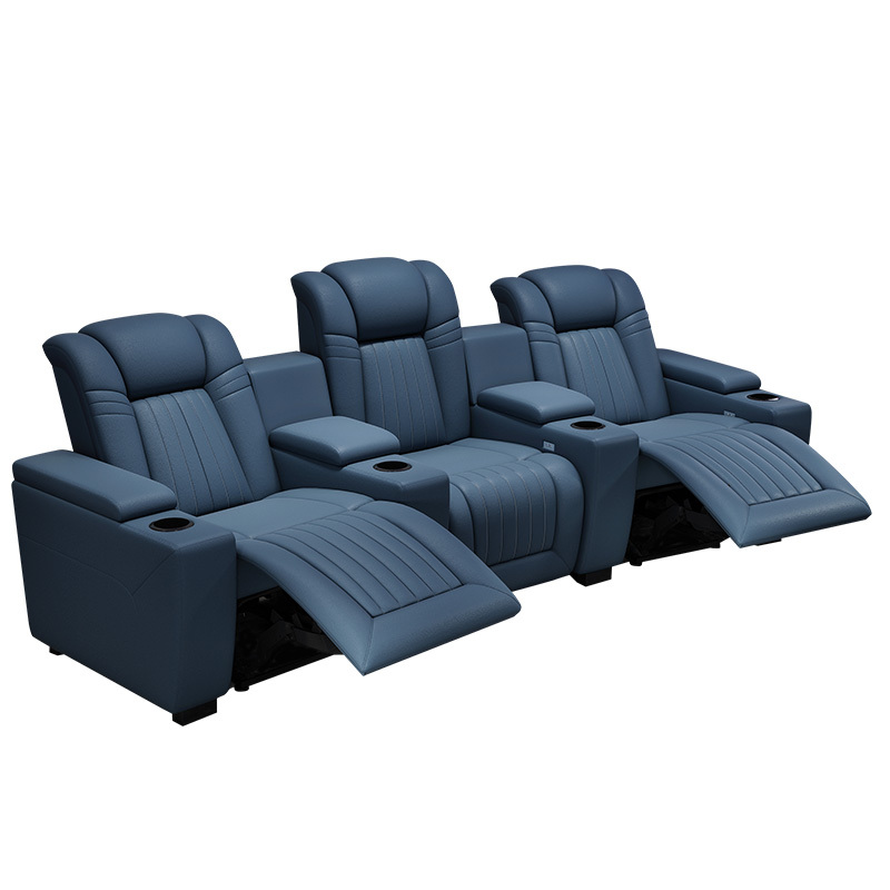 Contact surface cowhide three-seat and 2 middle console arc design video room private cinema sofa luxury, all-electric stretching function