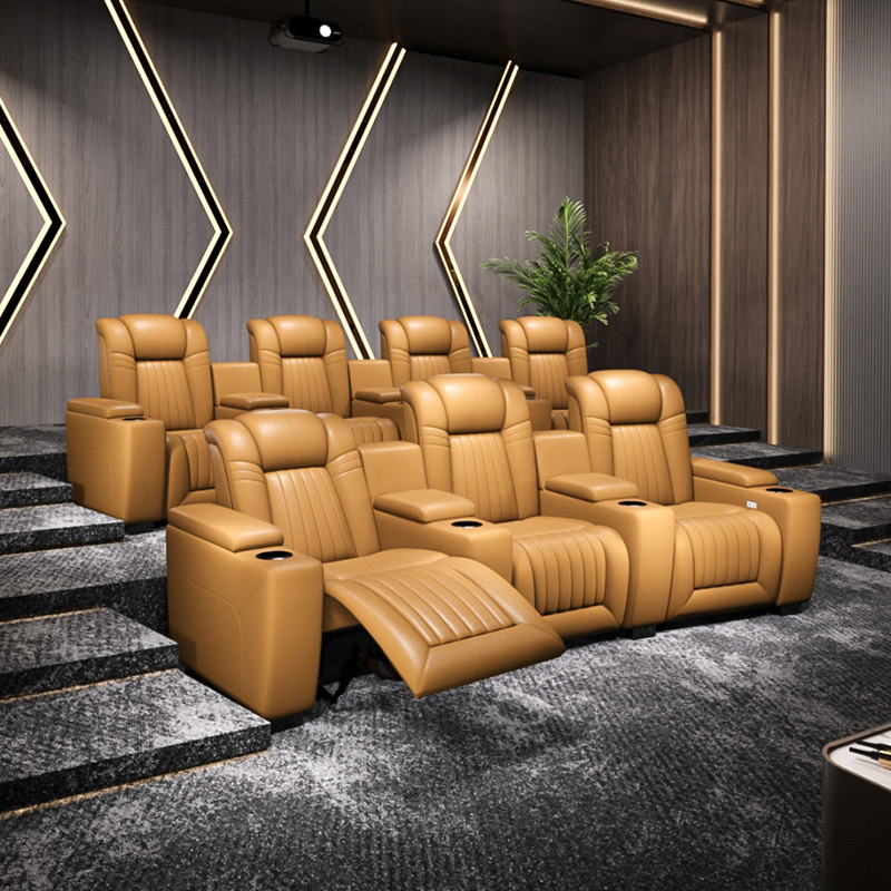 Contact surface cowhide three-seat and 2 middle console arc design video room private cinema sofa luxury, all-electric stretching function