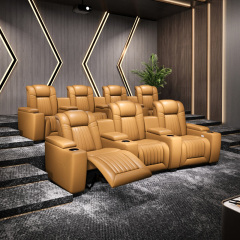 Contact surface cowhide three-seat and 2 middle console arc design video room private cinema sofa luxury, all-electric stretching function