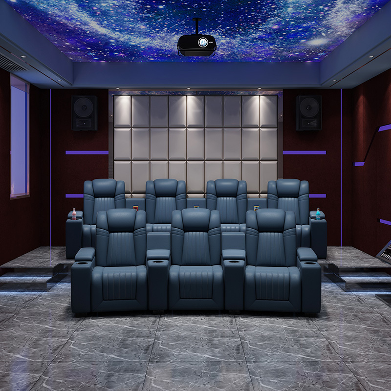 Contact surface cowhide four-seat and 3 middle console arc design video room private cinema sofa luxury, all-electric stretching function