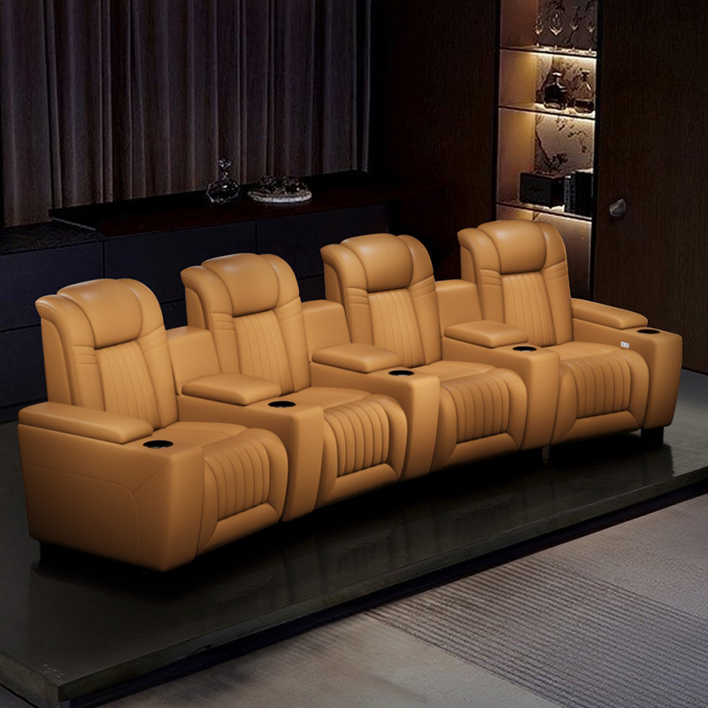 Contact surface cowhide four-seat and 3 middle console arc design video room private cinema sofa luxury, all-electric stretching function