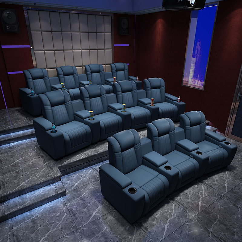 Contact surface cowhide four-seat and 3 middle console arc design video room private cinema sofa luxury, all-electric stretching function