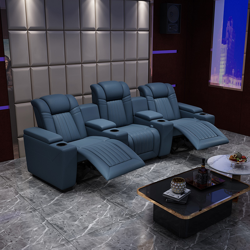 Contact surface cowhide three-seat and 2 middle console arc design video room private cinema sofa luxury, all-electric stretching function