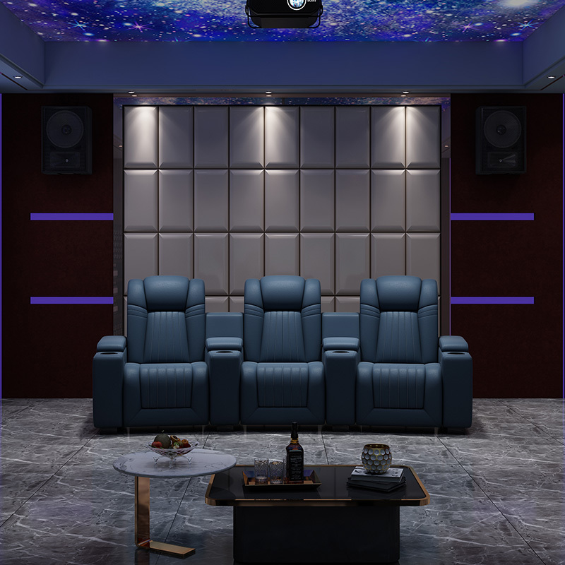 Contact surface cowhide three-seat and 2 middle console arc design video room private cinema sofa luxury, all-electric stretching function