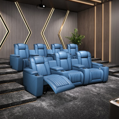 Contact surface cowhide three-seat and 2 middle console arc design video room private cinema sofa luxury, all-electric stretching function