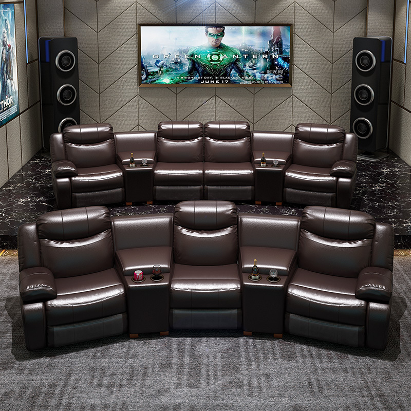 Contact surface cowhide three-seat and 2 middle console arc design video room private cinema sofa luxury, all-electric stretching function