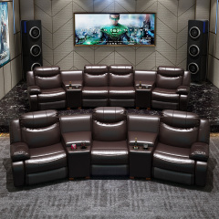 Contact surface cowhide three-seat and 2 middle console arc design video room private cinema sofa luxury, all-electric stretching function