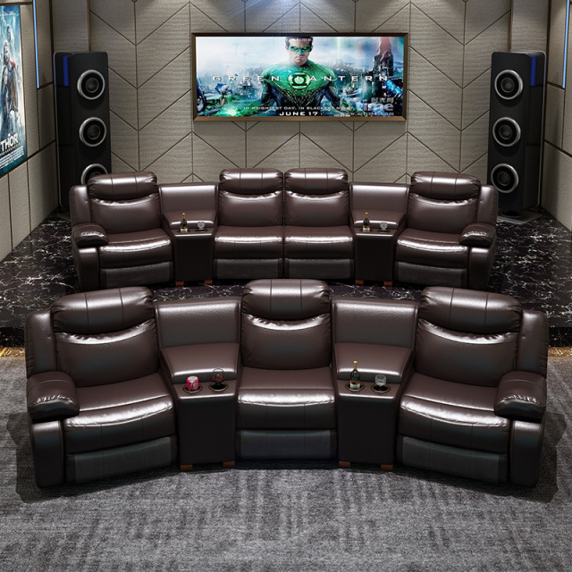 Contact surface cowhide three-seat and 2 middle console arc design video room private cinema sofa luxury, all-electric stretching function