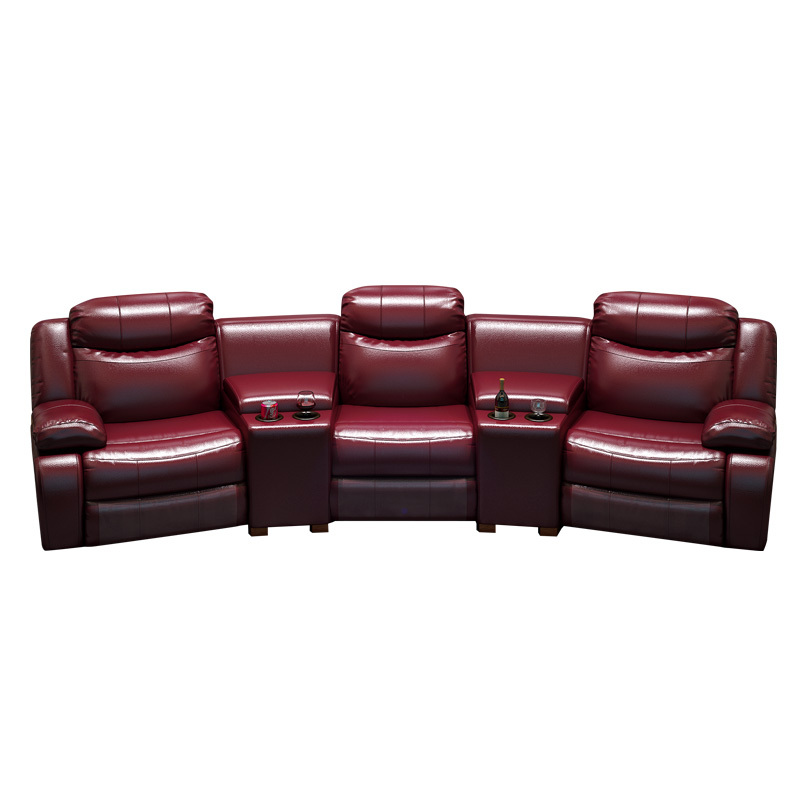 Contact surface cowhide three-seat and 2 middle console arc design video room private cinema sofa luxury, all-electric stretching function