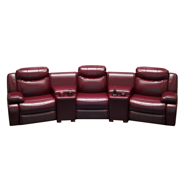 Contact surface cowhide three-seat and 2 middle console arc design video room private cinema sofa luxury, all-electric stretching function