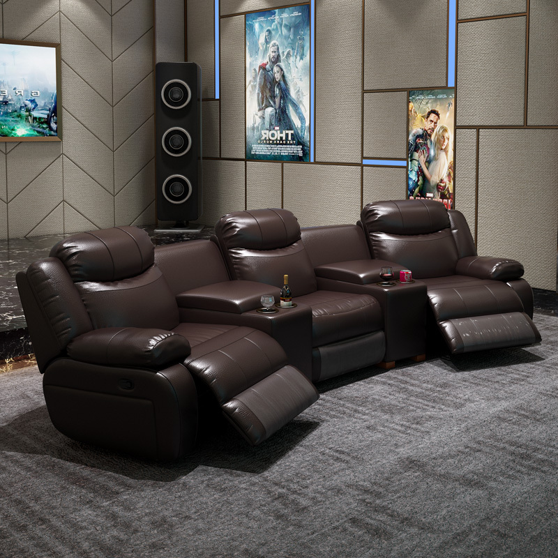 Contact surface cowhide three-seat and 2 middle console arc design video room private cinema sofa luxury, all-electric stretching function