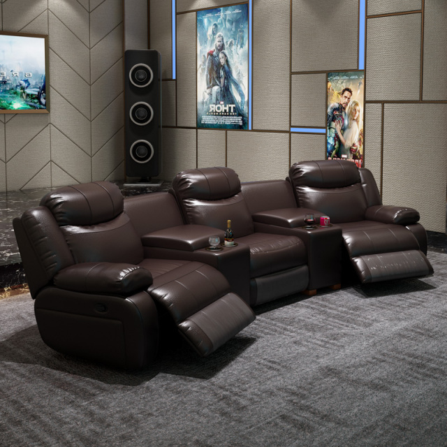 Contact surface cowhide three-seat and 2 middle console arc design video room private cinema sofa luxury, all-electric stretching function
