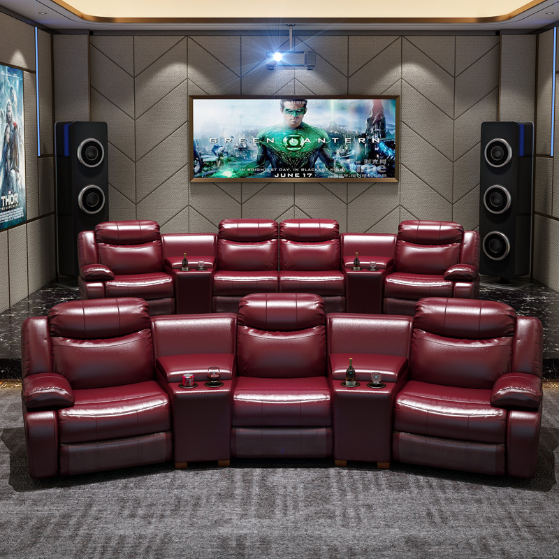 Contact surface cowhide three-seat and 2 middle console arc design video room private cinema sofa luxury, all-electric stretching function