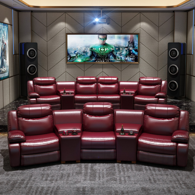 Contact surface cowhide three-seat and 2 middle console arc design video room private cinema sofa luxury, all-electric stretching function