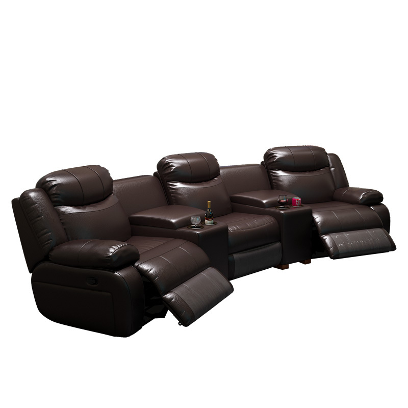 Contact surface cowhide three-seat and 2 middle console arc design video room private cinema sofa luxury, all-electric stretching function