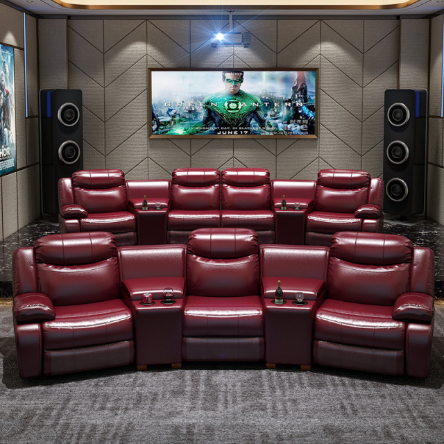 Contact surface cowhide four-seat and 2 middle console arc design video room private cinema sofa luxury, all-electric stretching function