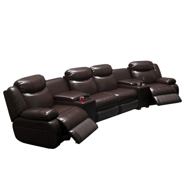 Contact surface cowhide four-seat and 2 middle console arc design video room private cinema sofa luxury, all-electric stretching function
