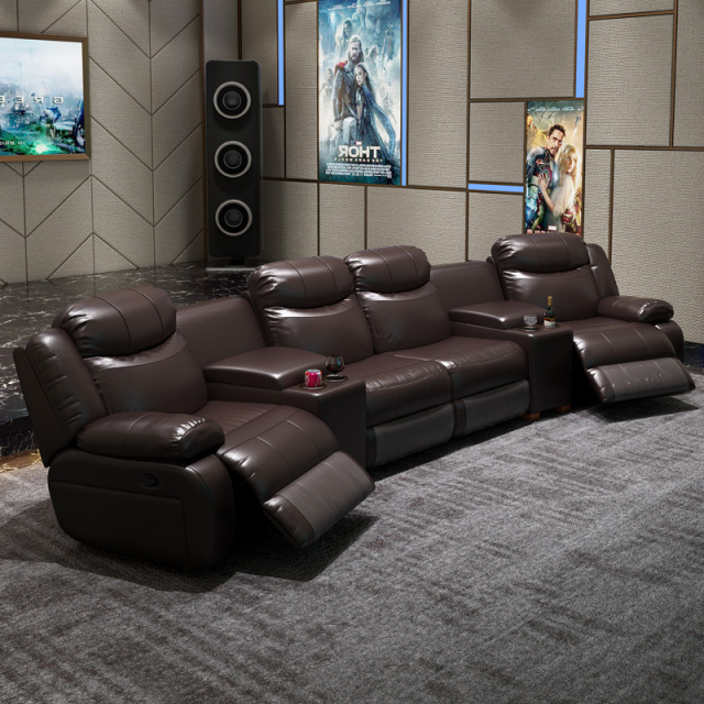 Contact surface cowhide four-seat and 2 middle console arc design video room private cinema sofa luxury, all-electric stretching function