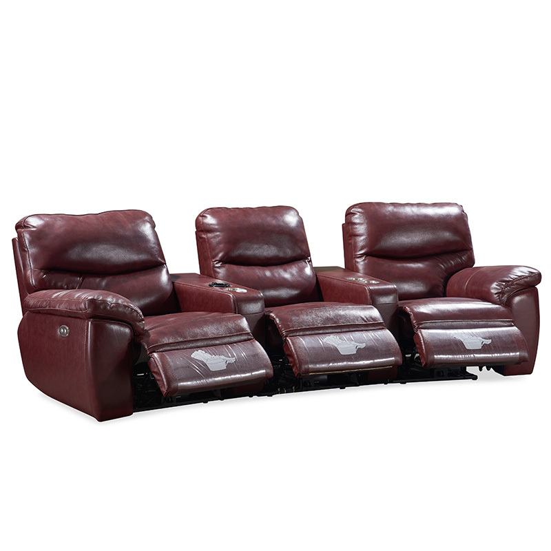 Contact surface cowhide three-seat and 2 middle console arc design video room private cinema sofa luxury, all-electric stretching function