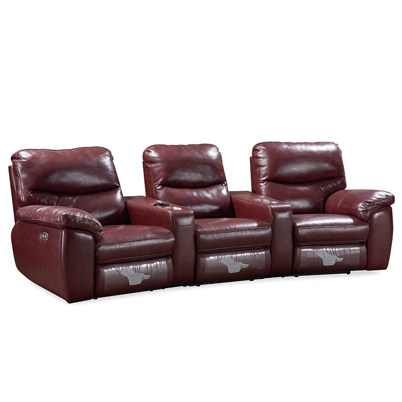 Contact surface cowhide three-seat and 2 middle console arc design video room private cinema sofa luxury, all-electric stretching function