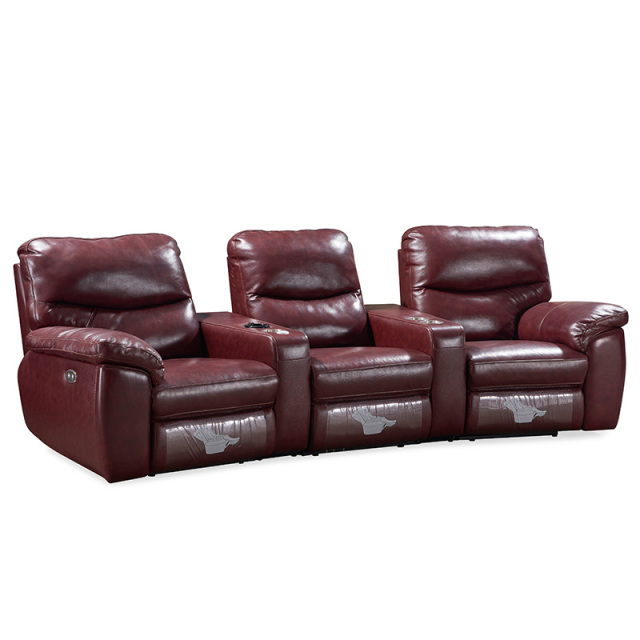 Contact surface cowhide three-seat and 2 middle console arc design video room private cinema sofa luxury, all-electric stretching function