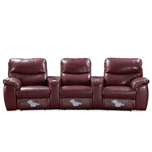 Contact surface cowhide three-seat and 2 middle console arc design video room private cinema sofa luxury, all-electric stretching function