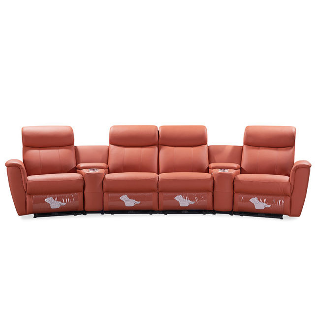Contact surface cowhide four-seat and 2 middle console arc design video room private cinema sofa luxury, all-electric stretching function
