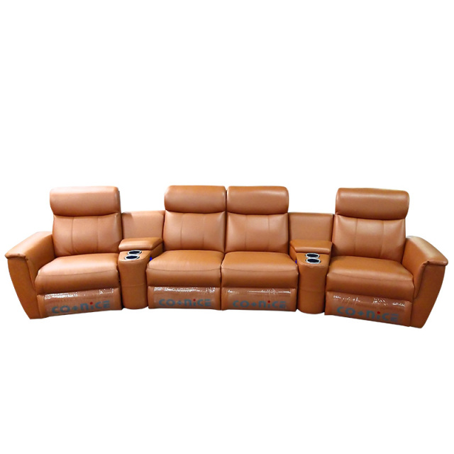 Contact surface cowhide four-seat and 2 middle console arc design video room private cinema sofa luxury, all-electric stretching function