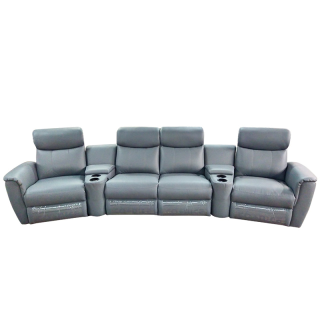Contact surface cowhide four-seat and 2 middle console arc design video room private cinema sofa luxury, all-electric stretching function