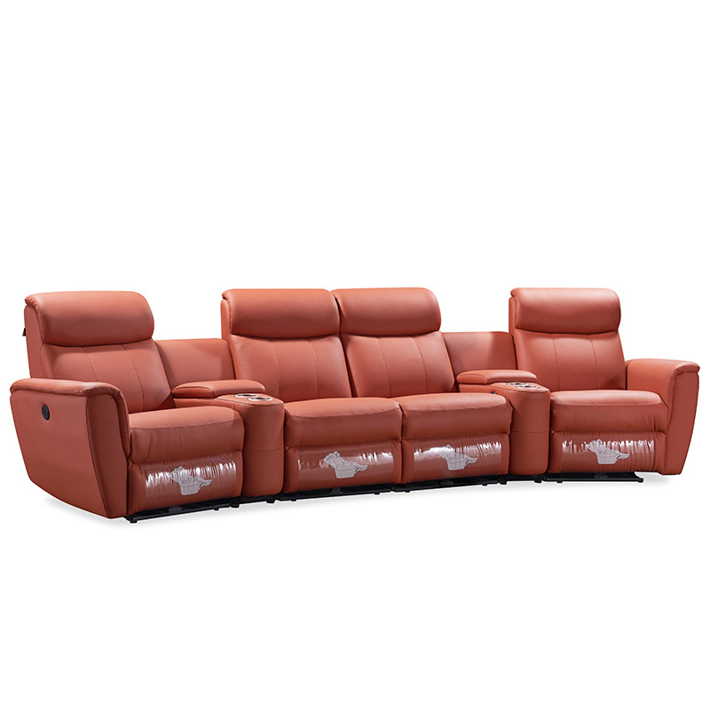 Contact surface cowhide four-seat and 2 middle console arc design video room private cinema sofa luxury, all-electric stretching function