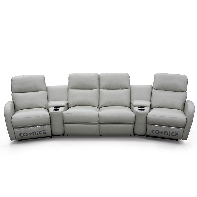 Contact surface cowhide four-seat and 2 middle console arc design video room private cinema sofa luxury, all-electric stretching function