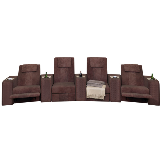 Contact surface cowhide four-seat and 3 middle console arc design video room private cinema sofa luxury, all-electric stretching function