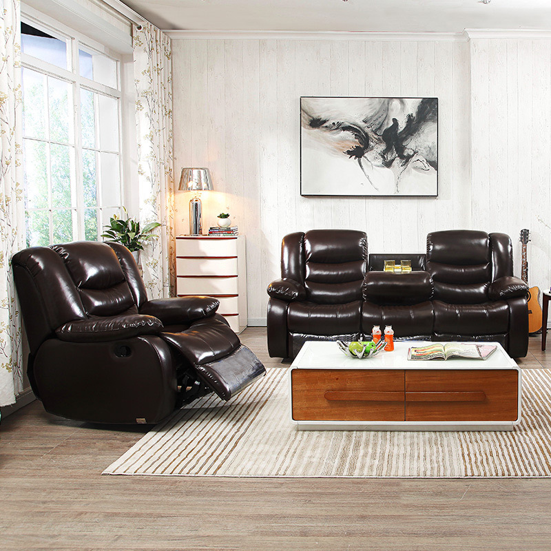Electric multi-functional retractable sofa, cowhide sofa living room furniture in line combination, three seat sofa and single seat sofa