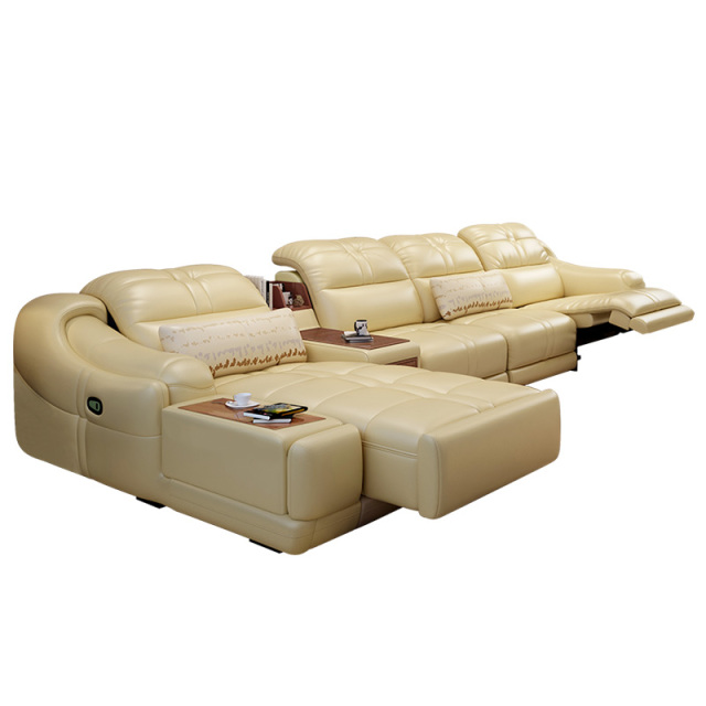 Electric multi-functional retractable sofa, cowhide sofa living room furniture in line combination, three seat sofa and chaise and middle console