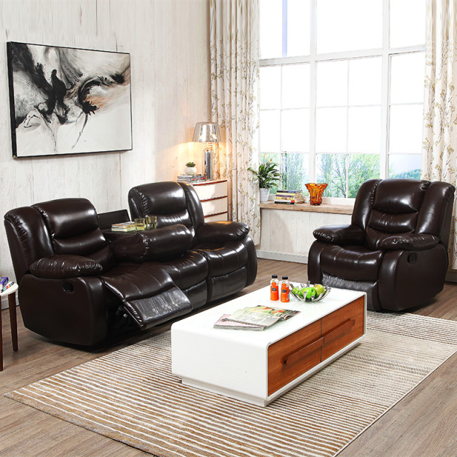 Electric multi-functional retractable sofa, cowhide sofa living room furniture in line combination, three seat sofa and single seat sofa
