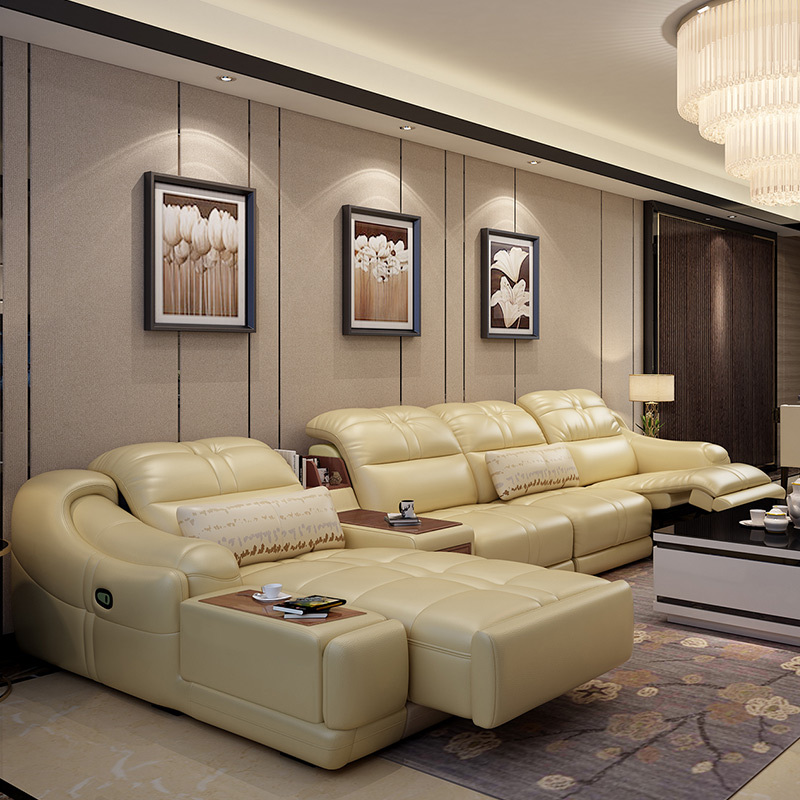 Electric multi-functional retractable sofa, cowhide sofa living room furniture in line combination, three seat sofa and chaise and middle console