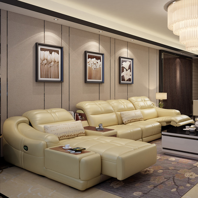 Electric multi-functional retractable sofa, cowhide sofa living room furniture in line combination, three seat sofa and chaise and middle console