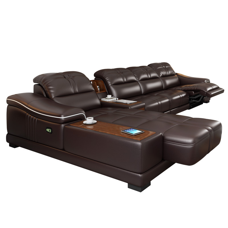 Electric multi-functional retractable sofa, cowhide sofa living room furniture in line combination, three seat sofa and chaise and middle console
