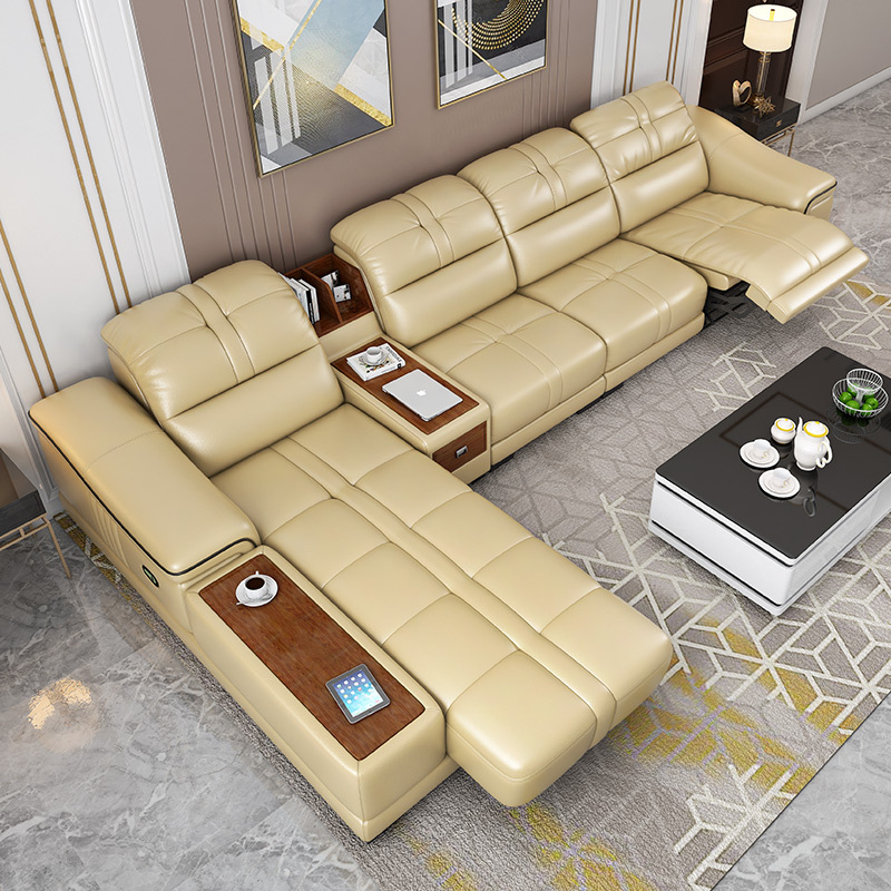 Electric multi-functional retractable sofa, cowhide sofa living room furniture in line combination, three seat sofa and chaise and middle console
