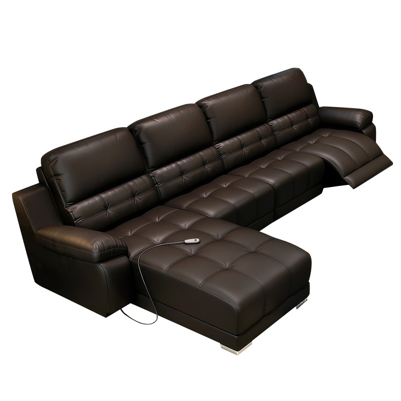 Electric multi-functional retractable sofa, cowhide sofa living room furniture in line combination, three seat sofa and chaise