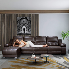 Electric multi-functional retractable sofa, cowhide sofa living room furniture in line combination, three seat sofa and chaise