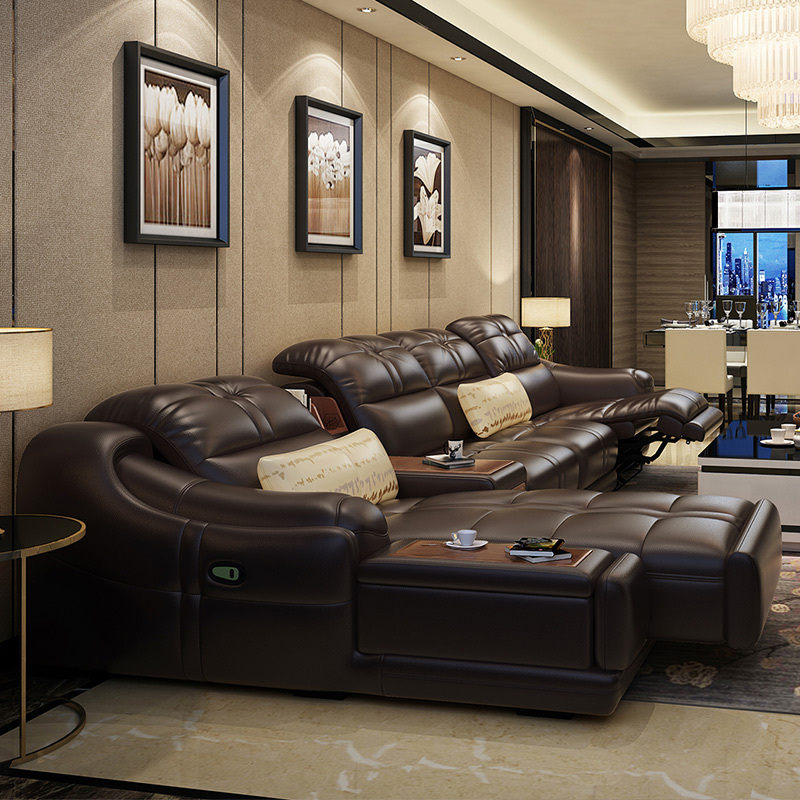 Electric multi-functional retractable sofa, cowhide sofa living room furniture in line combination, three seat sofa and chaise and middle console