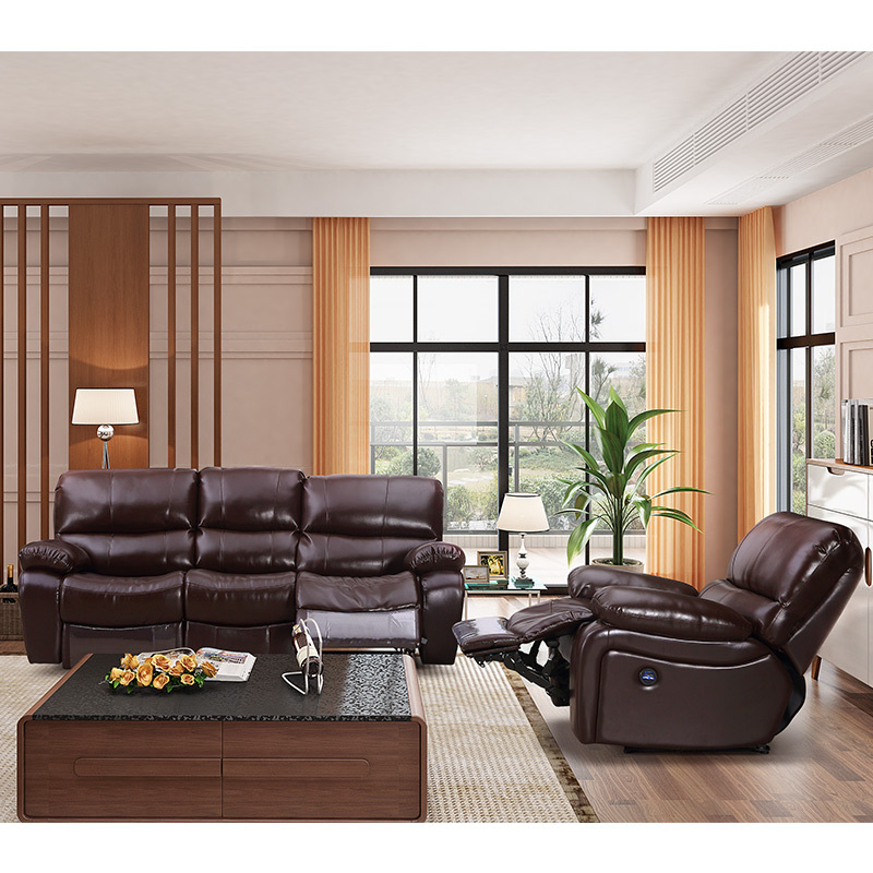 Electric multi-functional retractable sofa, cowhide sofa living room furniture in line combination, three seat sofa and single seat sofa
