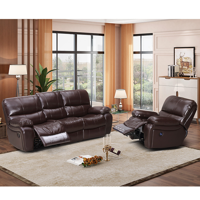 Electric multi-functional retractable sofa, cowhide sofa living room furniture in line combination, three seat sofa and single seat sofa
