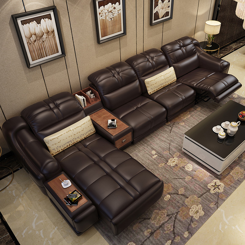 Electric multi-functional retractable sofa, cowhide sofa living room furniture in line combination, three seat sofa and chaise and middle console